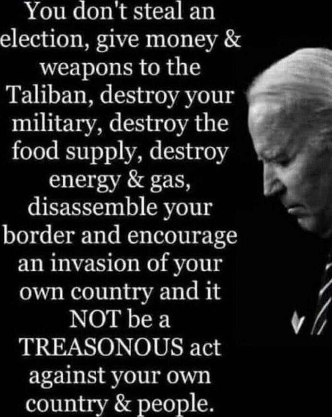 You don't steal an election, give money & weapons to the Taliban, destroy your military, destroy the food supply, destroy energy & gas, disassemble your border and encourage an invasion of your own country and it NOT be a TREASONOUS act against your own country & people.