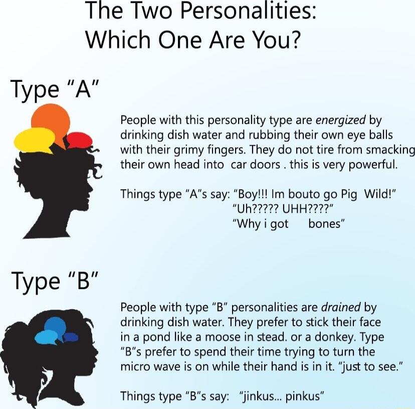 The Two Personalities Which One Are You Type A People with this personality type are energized by drinking dish water and rubbing their own eye balls with their grimy fingers They do not tire from smacking their own head into car doors this is very powerful Things type As say Boyll Im bouto go Pig Wild Uh7272 UHH22 Whyigot bones Type B People with type 8 personalites are drained by drinking dish w