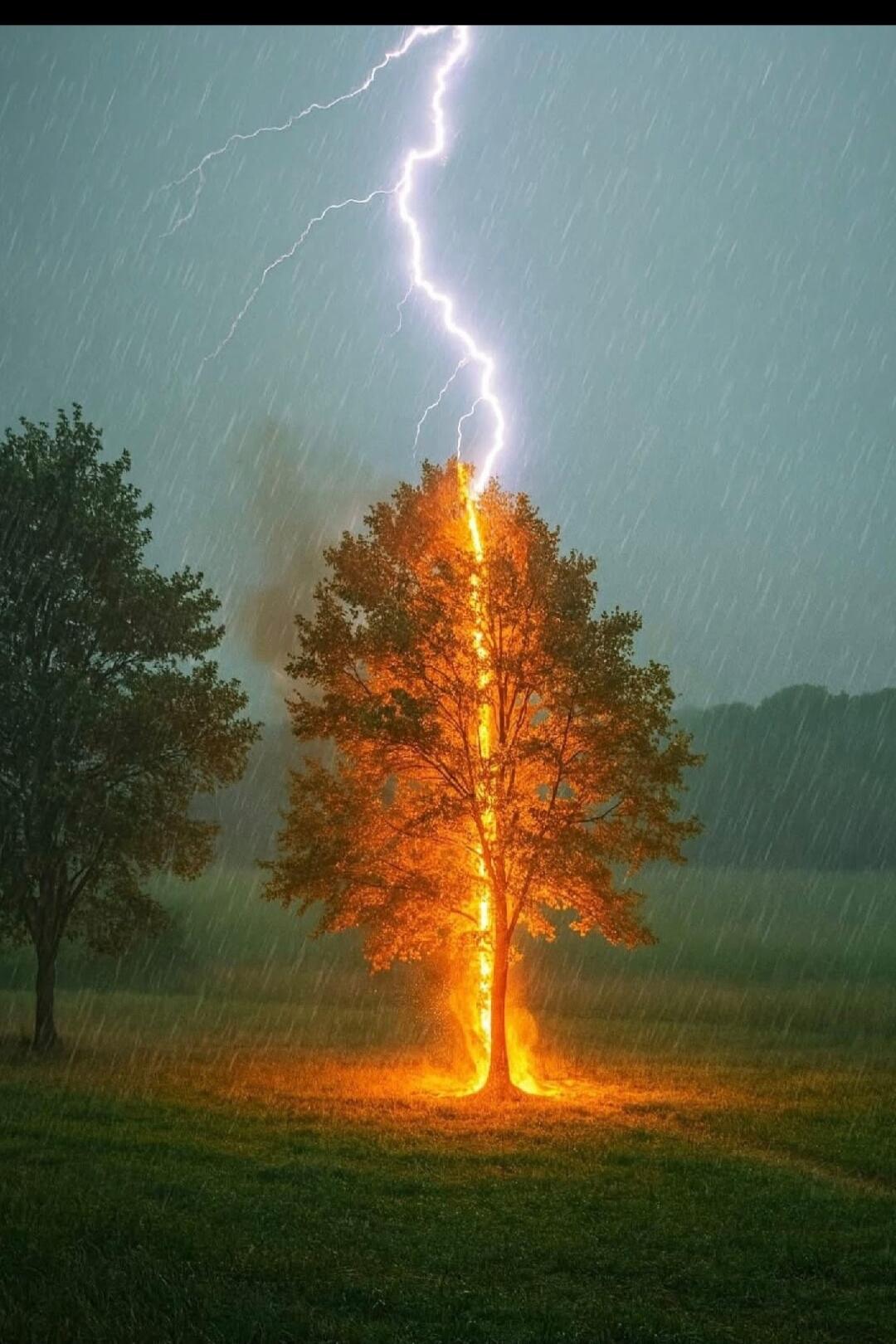 A tree is struck by lightning during a rainstorm; the trunk glows with orange fire at the base.