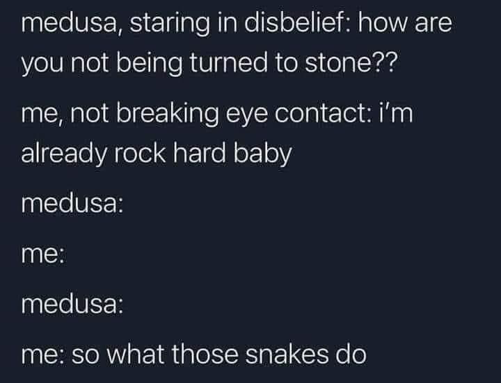 medusa staring in disbelief how are you not being turned to stone me not breaking eye contact im Ll VA el Ja e ok 0Y e VEER me e VEER me so what those snakes do