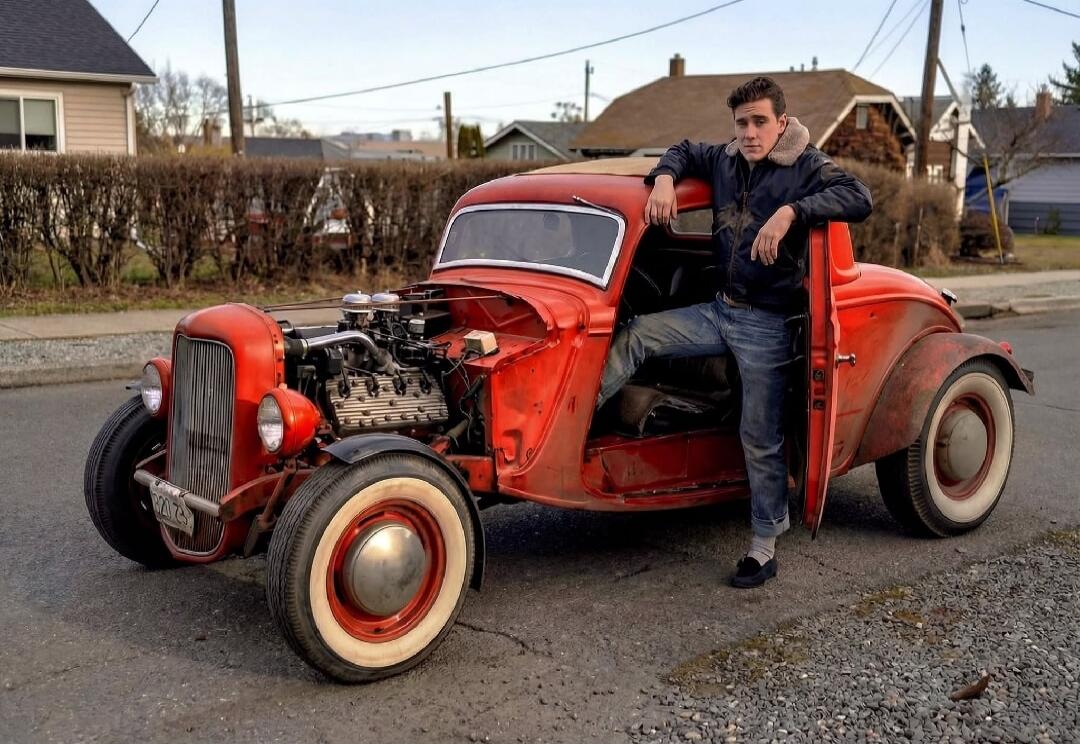 A man standing next to a vintage red hot rod car on a street.