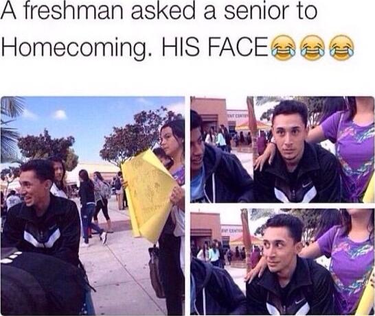 A freshman asked a senior to Homecoming HIS FACE