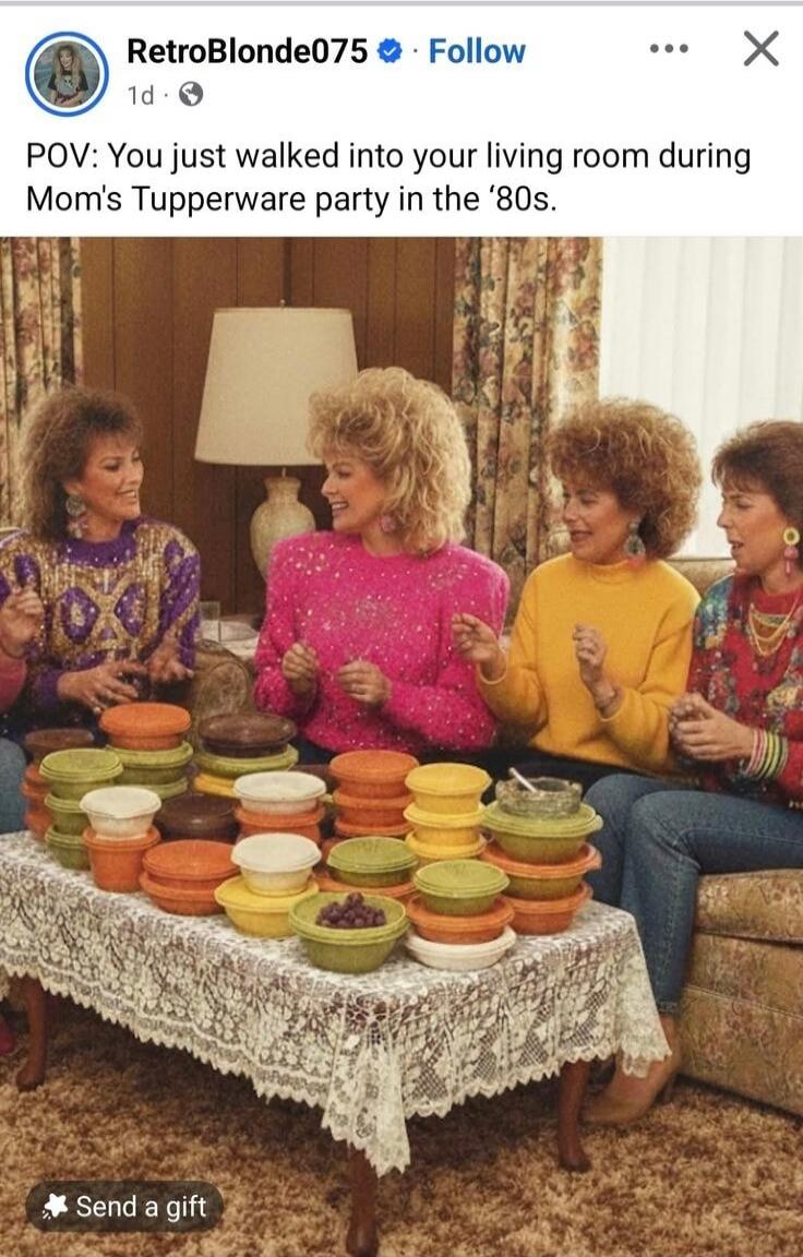 POV: You just walked into your living room during Mom's Tupperware party in the '80s.