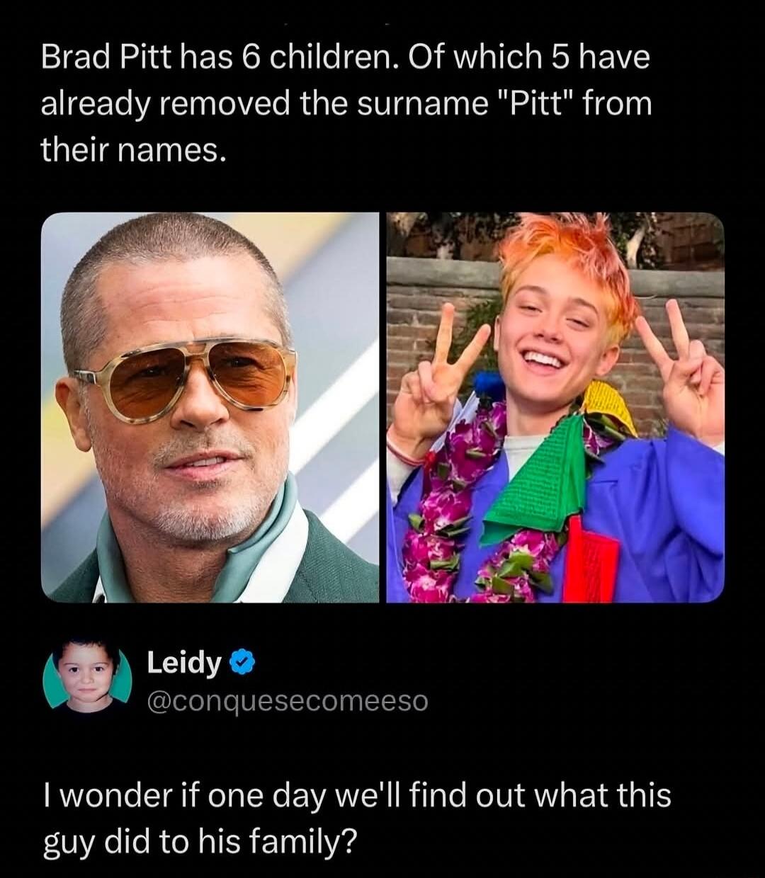 Brad Pitt has 6 children. Of which 5 have already removed the surname 