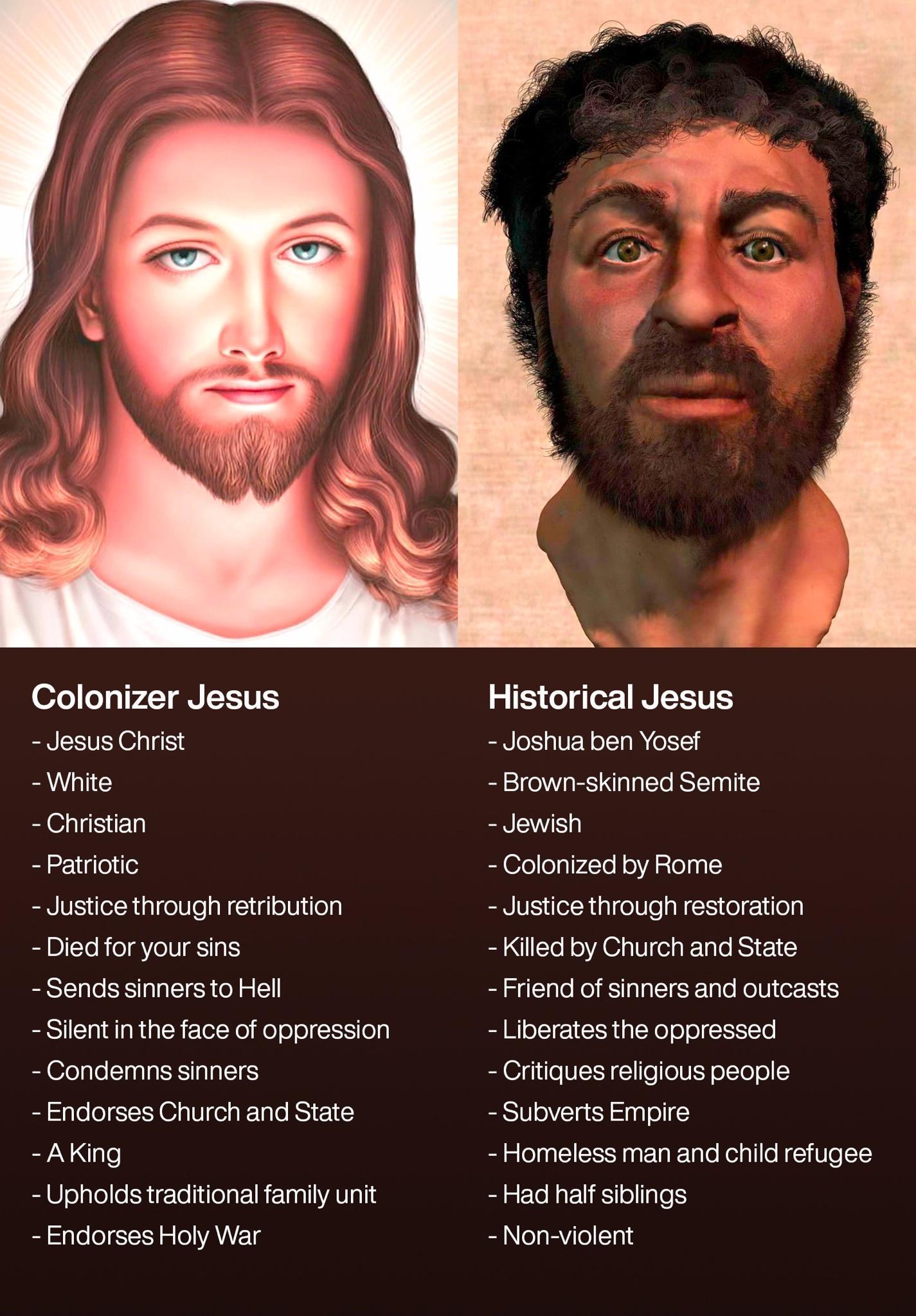 Colonizer Jesus Historical Jesus Jesus Christ Joshua ben Yosef Wnite Brown skinned Semite Christian Jewish Patriotic Colonized by Rome dustice through retribution dustice through restoration Diedforyour sins Killed by Church and State Sends sinnersto Hell Friend of sinners and outcasts Slentin the face of oppression Liberatesthe oppressed Condemns sinners Critiques religious people Endorses Church