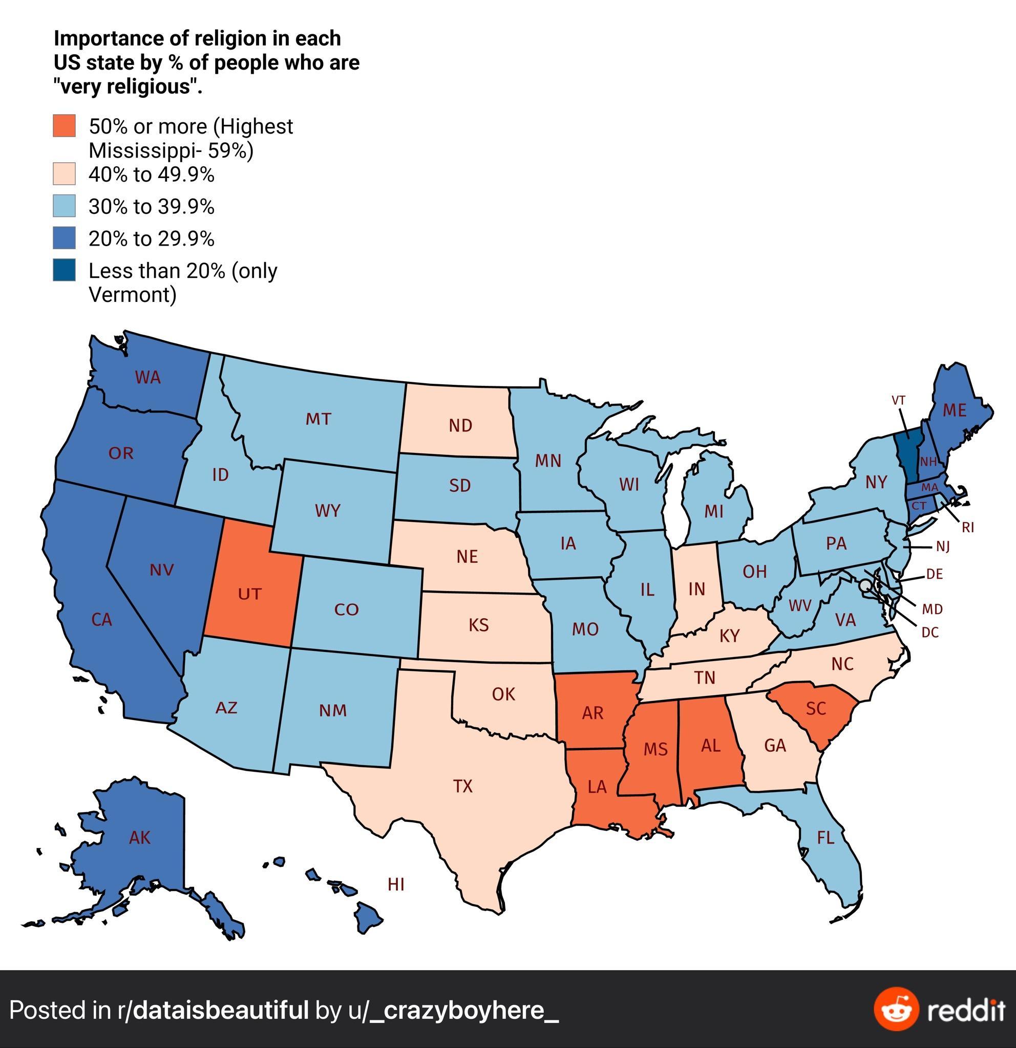 Importanceofrelgion in ach USstateby of people who are very rlglous B 50 or more ighest Wissisippi 59 A 0435 W410399 W 2o290 B Less than 20 oty Vermont dataisbeautiful b