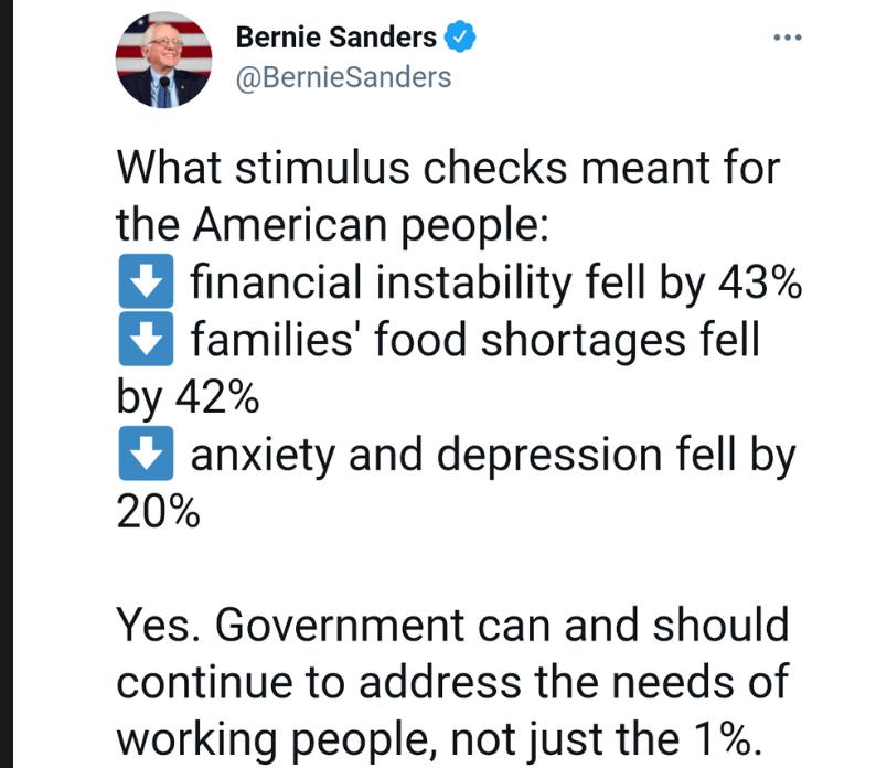 4 Bernie Sanders BernieSanders What stimulus checks meant for the American people financial instability fell by 43 2 families food shortages fell by 42 anxiety and depression fell by 20 Yes Government can and should continue to address the needs of working people not just the 1