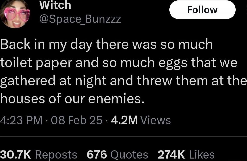 Back in my day there was so much toilet paper and so much eggs that we gathered at night and threw them at the houses of our enemies.
Session ID: 1024189.