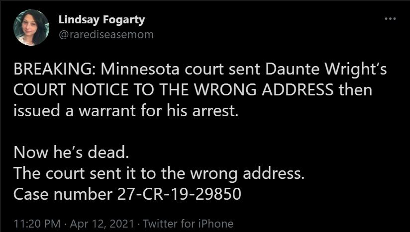 P 5 X Lindsay Fogarty E IETETHE N lely EINTVNCRY TSl ER Lol U s ST I ADETN I AN gTe 1S COURT NOTICE TO THE WRONG ADDRESS then issued a warrant for his arrest Now hes dead The court sent it to the wrong address Case number 27 CR 19 29850 1120 PM Apr 12 2021 Twitter for iPhone