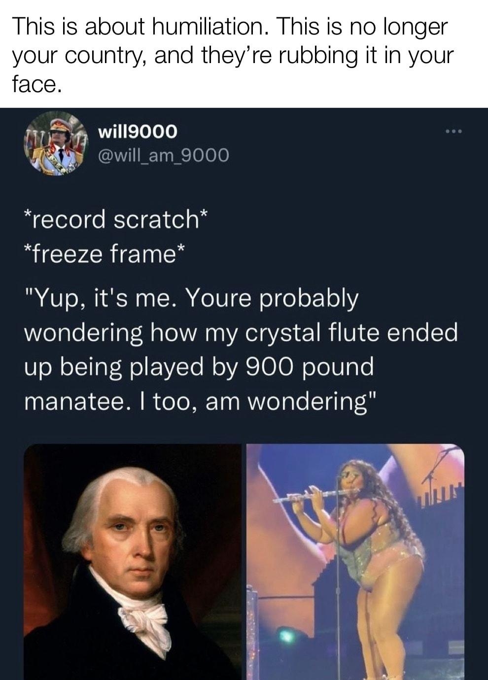 This is about humiliation This is no longer your country and theyre rubbing it in your face t willgooo will_am_9000 record scratch freeze frame Yup its me Youre probably wondering how my crystal flute ended up being played by 900 pound manatee too am wondering