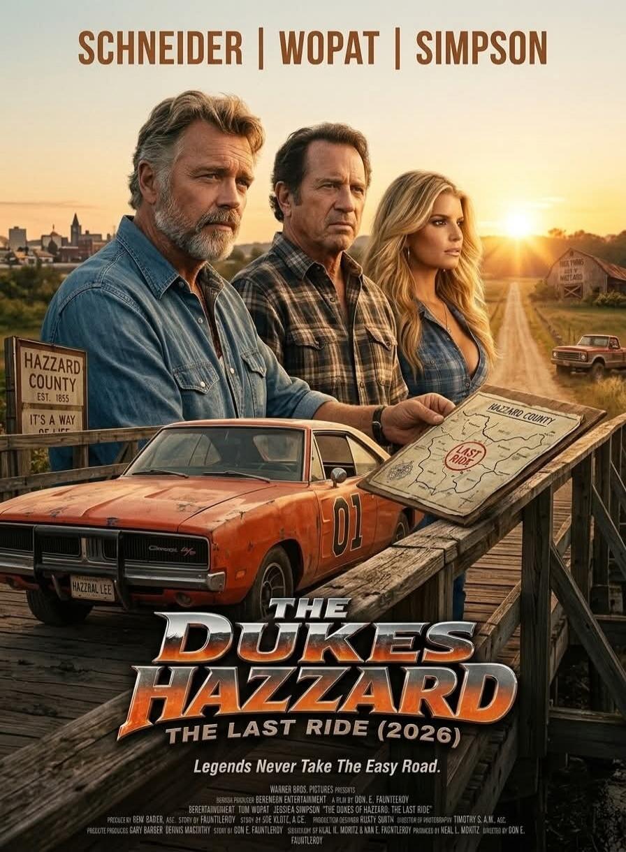SCHNEIDER | WOPAT | SIMPSON
HAZZARD COUNTY EST. 1855 IT'S A WAY OF LIFE
HAZZRAL LEE
01
HAZZARD COUNTY LAST RIDE
NO TURNING BACK
THE DUKES OF HAZZARD THE LAST RIDE (2026)
LEGENDS NEVER TAKE THE EASY ROAD.
WARNER BROS. PICTURES PRESENTS BERENEON ENTERTAINMENT A FILM BY DON E. FAUNTLEROY BERENTAINWHEAT TOM WOPAT JESSICA SIMPSON 