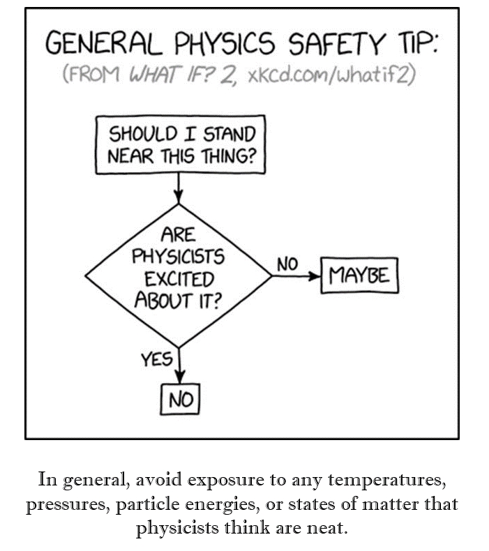 GENERAL PHYSICS SAFETY TiP FROM WHAT IF 2 xKcdcomwhatif2 SHOULD I STAND NEAR THIS THING MAYBE In general avoid exposure to any temperatures P y P pressures particle energies or states of matter that physicists think are neat Randall Murroe XKCD