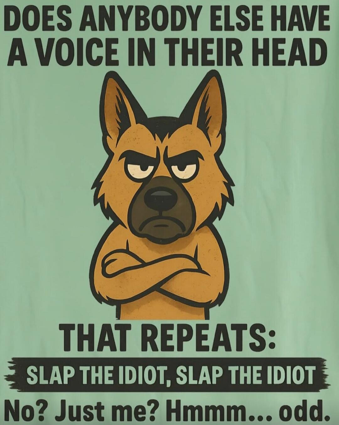 DOES ANYBODY ELSE HAVE A VOICE IN THEIR HEAD THAT REPEATS: SLAP THE IDIOT, SLAP THE IDIOT No? Just me? Hmmm... odd.