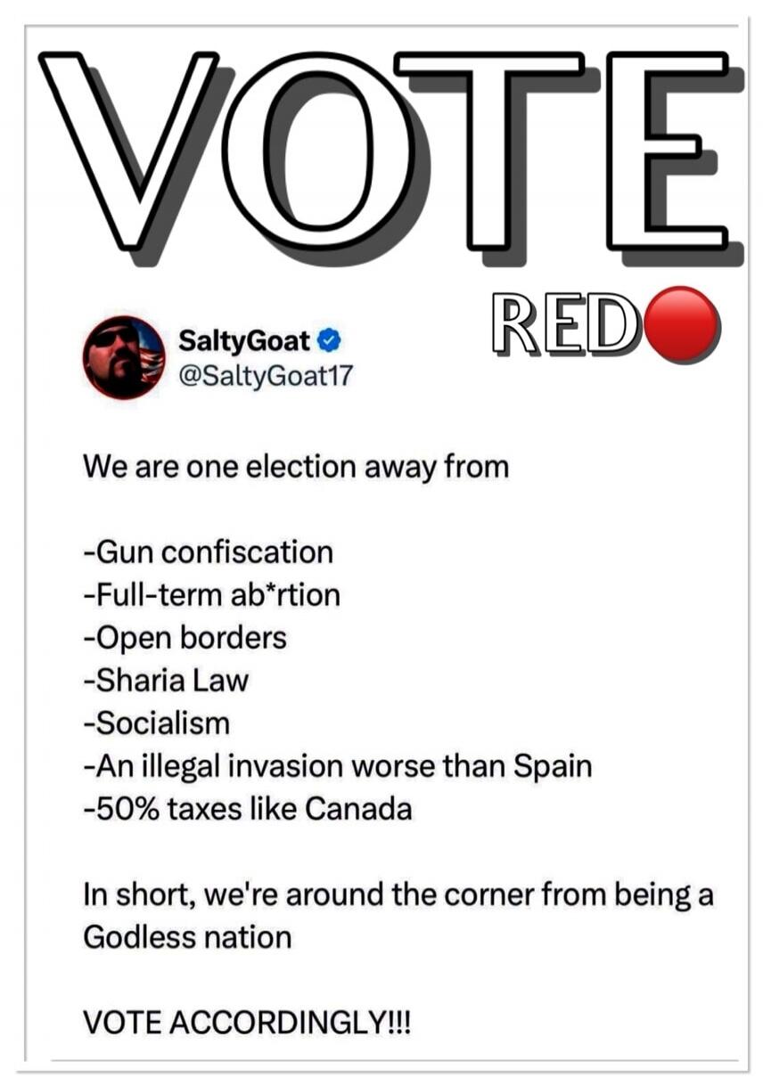 VOTE RED SaltyGoat @SaltyGoat17 We are one election away from -Gun confiscation -Full-term ab*rtion -Open borders -Sharia Law -Socialism -An illegal invasion worse than Spain -50% taxes like Canada In short, we're around the corner from being a Godless nation VOTE ACCORDINGLY!!!