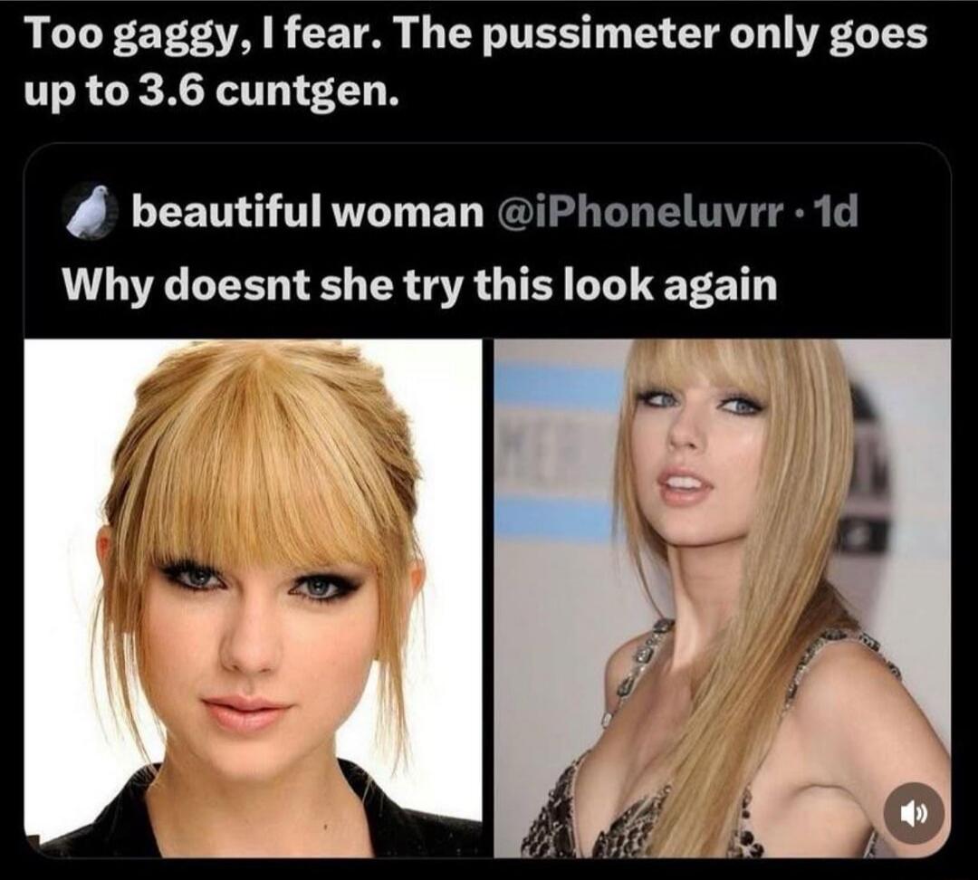 Too gaggy, I fear. The pussimeter only goes up to 3.6 cuntgen.\n\nbeautiful woman @iPhoneluvvr • 1d\nWhy doesnt she try this look again\n\n[Two images of a blonde woman bearing similar hairstyles]