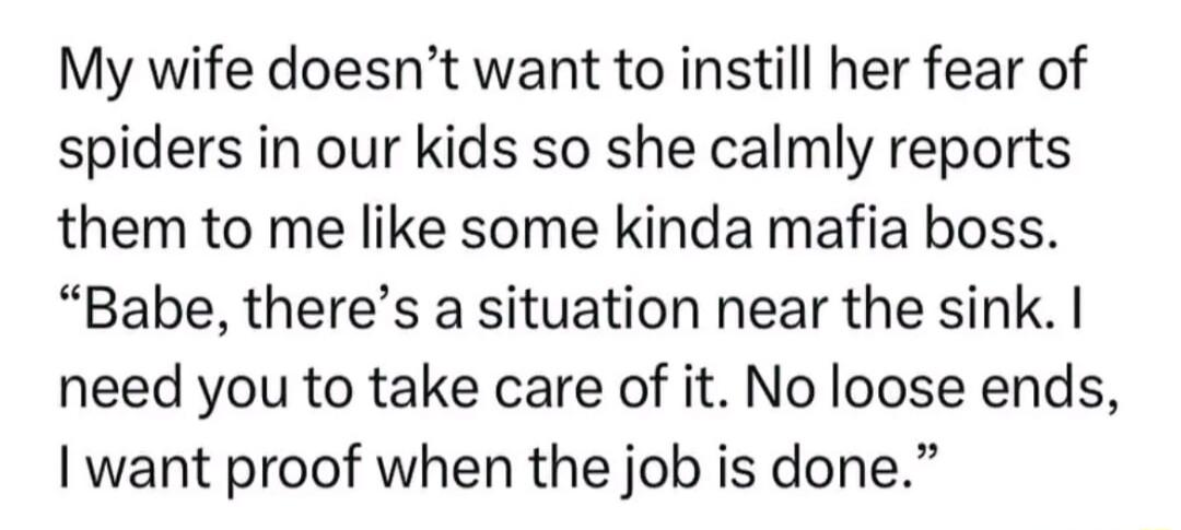 My wife doesnt want to instill her fear of spiders in our kids so she calmly reports them to me like some kinda mafia boss Babe theres a situation near the sink need you to take care of it No loose ends want proof when the job is done