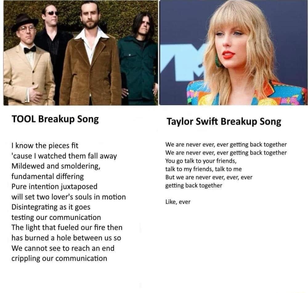 TOOL Breakup Song 1know the pieces fit cause watched them fall away Mildewed and smoldering fundamental difering Pure intention juxtaposed will st two lovers souls in motion Disintegrating as it goes testing our communication The light that fueled our ire then has burned a hole between us so We cannot see to reach an end crippling our communication Taylor Swift Breakup Song We re v ver v getingbac