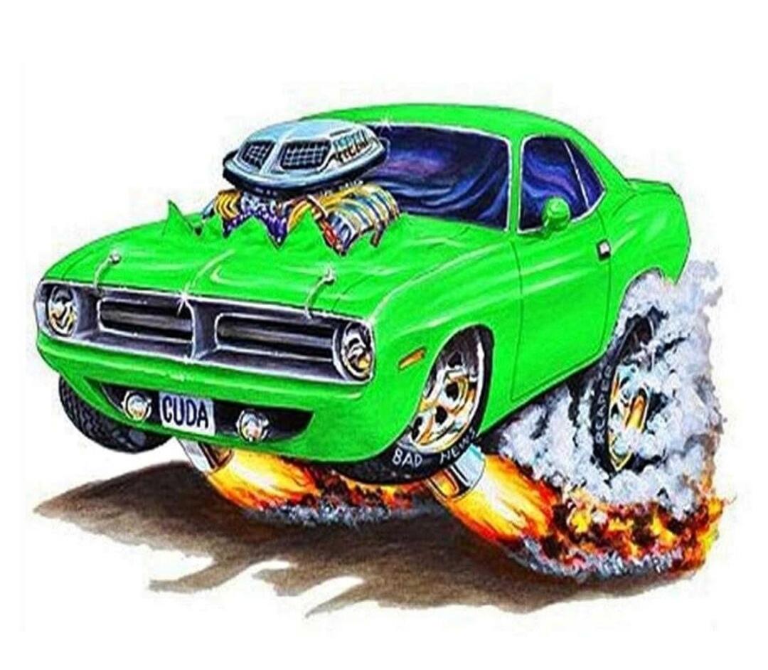 A bright green vintage car with rocket jet boosters under the wheels, flames and smoke shooting out from the back.