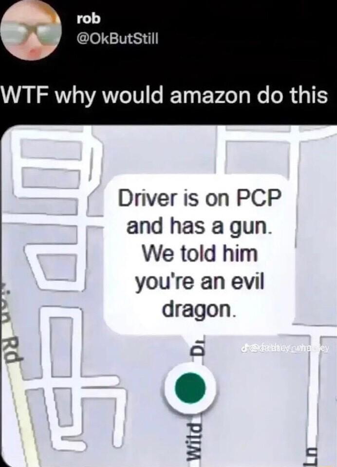 rob OkButstill WTF why would amazon do this Driver is on PCP and has a gun We told him youre an evil dragon a et pa Ln