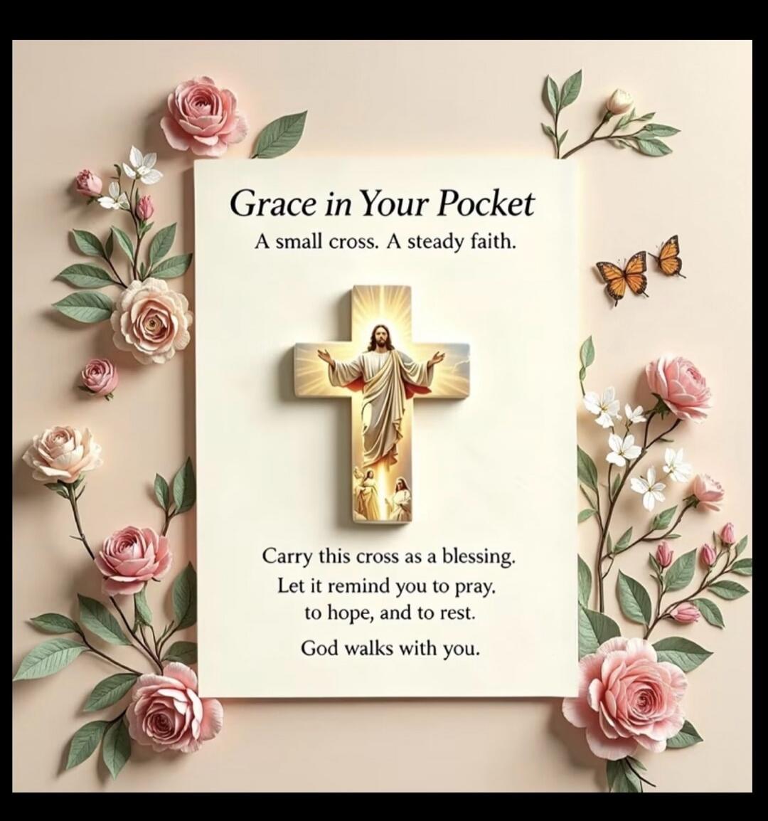 Grace in Your Pocket. A small cross. A steady faith. Carry this cross as a blessing. Let it remind you to pray, to hope, and to rest. God walks with you.