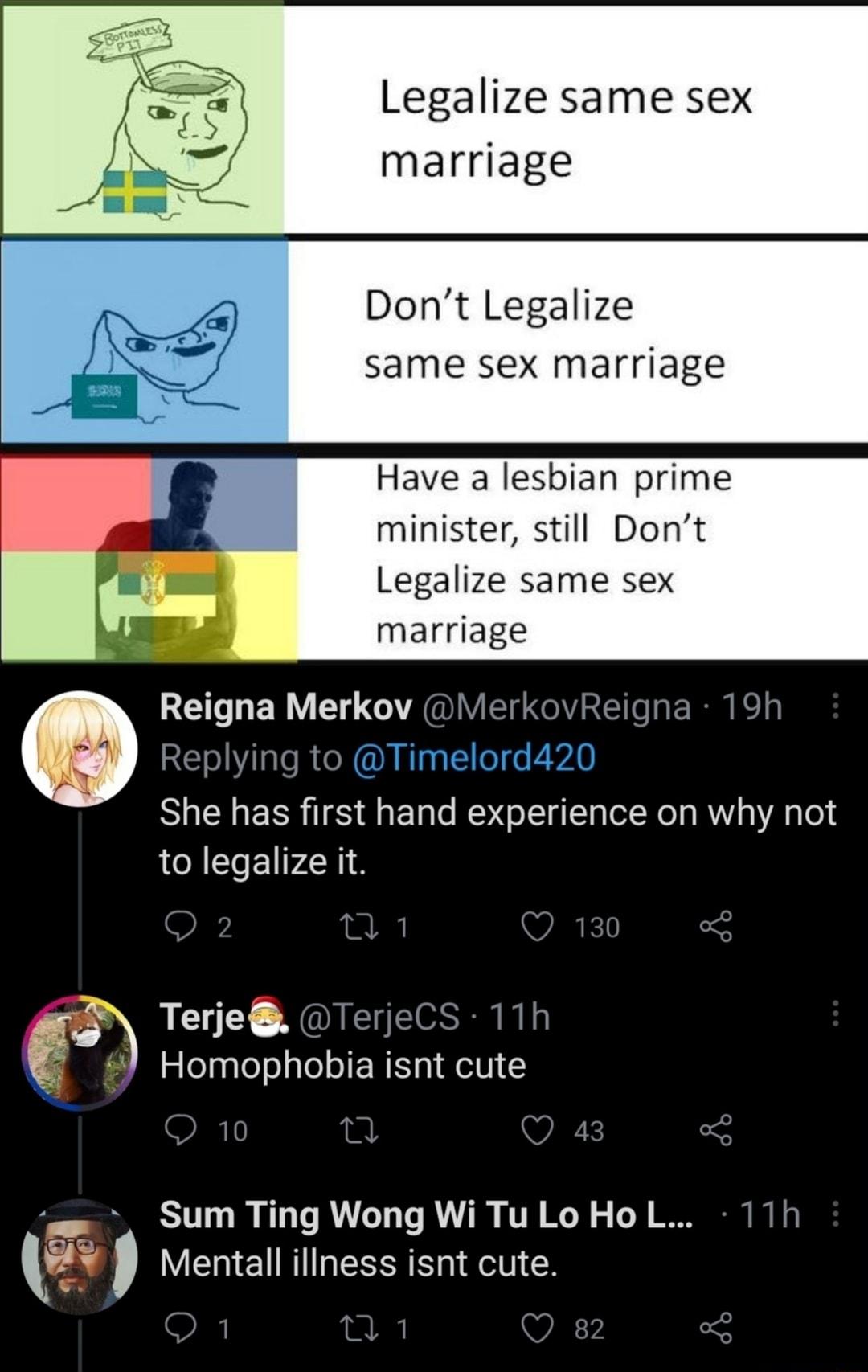 Legalize same sex marriage Dont Legalize same sex marriage Have a lesbian prime minister still Dont Legalize same sex marriage CELGERY G GIYAGIVEI e Clle ly Replying to Timelord420 She has first hand experience on why not to legalize it QO 2 1 QO 130 o g LELE YEOLESES SRR Homophobia isnt cute Q 10 Q 43 3 s Sum TingWongWiTuLoHo L 11h f Mentall illness isnt cute O 1 R Q 82