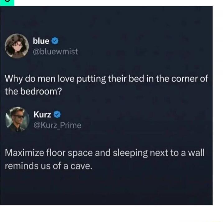 blue @bluewmist Why do men love putting their bed in the corner of the bedroom? Kurz @Kurz_Prime Maximize floor space and sleeping next to a wall reminds us of a cave.