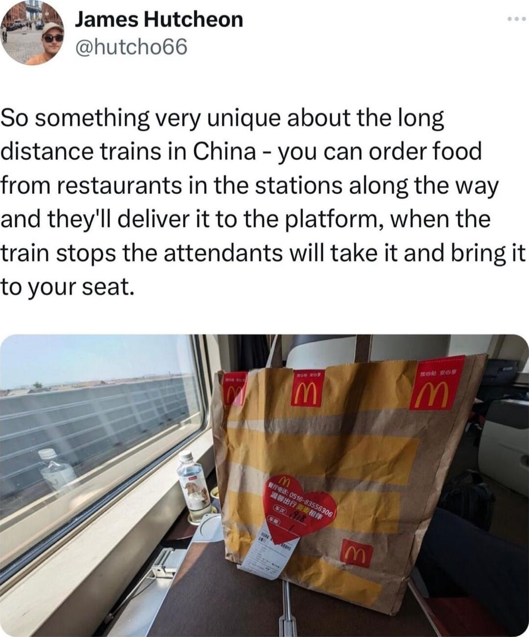 James Hutcheon hutcho66 So something very unique about the long distance trains in China you can order food from restaurants in the stations along the way and theyll deliver it to the platform when the train stops the attendants will take it and bring it to your seat