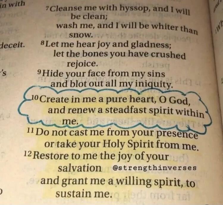 7 Cleanse me with hyssop, and I will be clean; wash me, and I will be whiter than snow. 8 Let me hear joy and gladness; let the bones you have crushed rejoice. 9 Hide your face from my sins and blot out all my iniquity. 10 Create in me a pure heart, O God, and renew a steadfast spirit within me. 11 Do not cast me from your presence or take your Hol