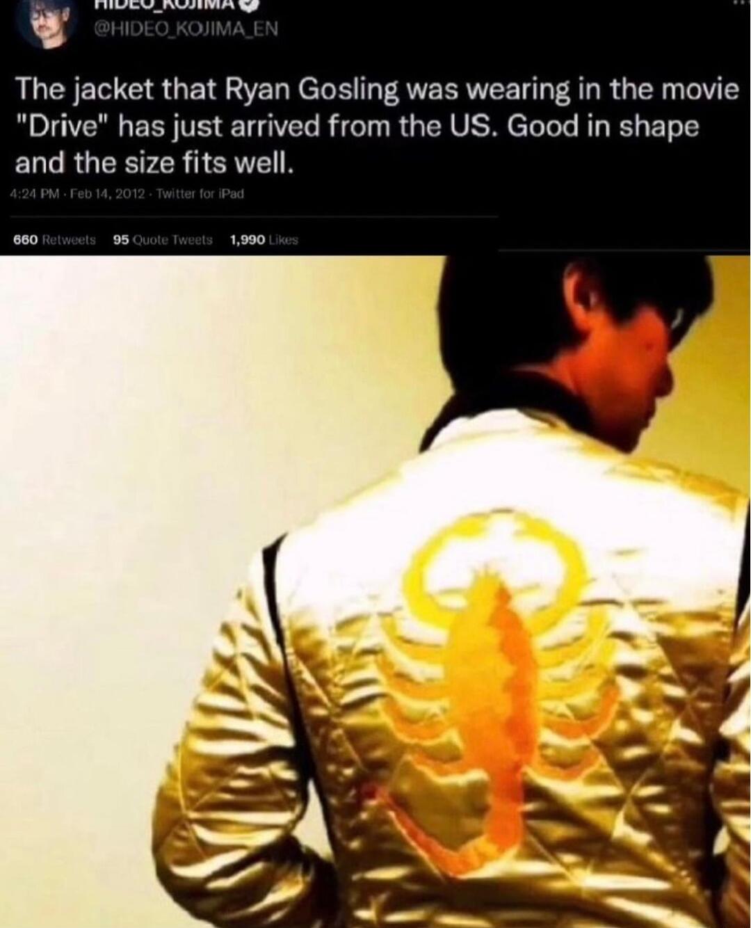 The jacket that Ryan Gosling was wearing in the movie Drive has just arrived from the US Good in shape and the size fits well