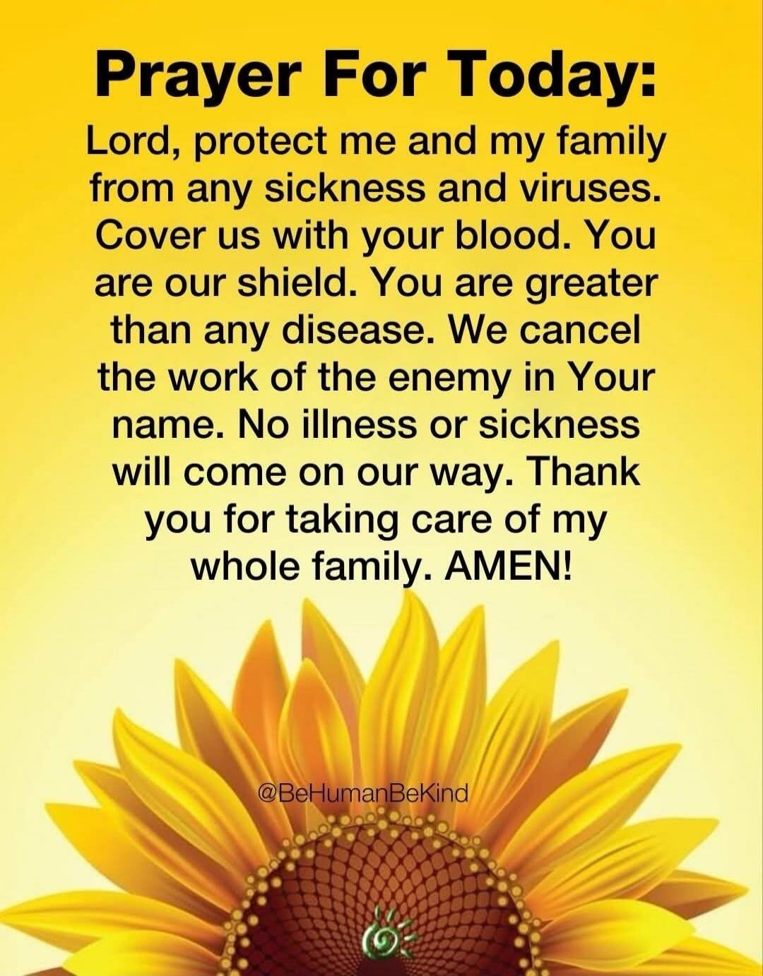 Prayer For Today: Lord, protect me and my family from any sickness and viruses. Cover us with your blood. You are our shield. You are greater than any disease. We cancel the work of the enemy in Your name. No illness or sickness will come on our way. Thank you for taking care of my whole family. AMEN! @BeHumanBeKind