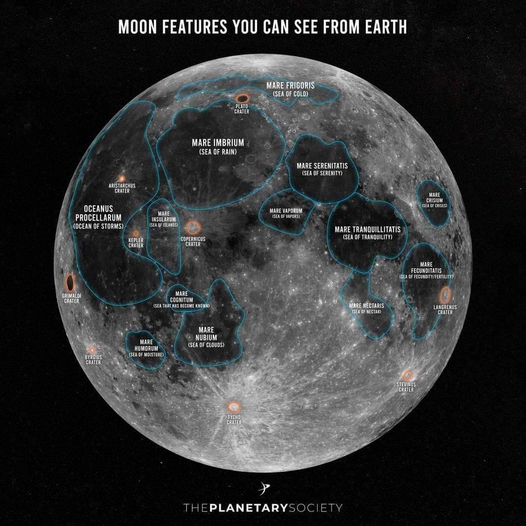 MOON FEATURES YOU CAN SEE FROM EARTH 1 OCEANUS PROCELLARUM mm OFSTORMSa IARE TRANQUILLITATIS 1 t X 2 GEnoFTRANUILTY WARE UBIUM f cLops THEPLANETARYSOCIETY