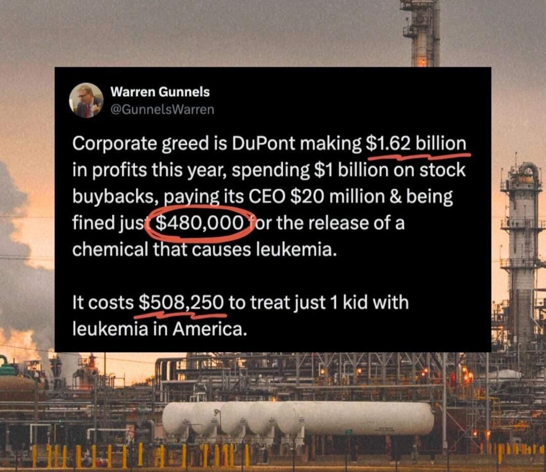 Warren Gunnels Corporate greed is DuPont making 162 billion in profits this year spending 1 billion on stock buybacks paying its CEO 20 million being fined jus480000or the release of a chemical that causes leukemia 13 costsiEOB 250 to treat just 1 kid with leukemia in America