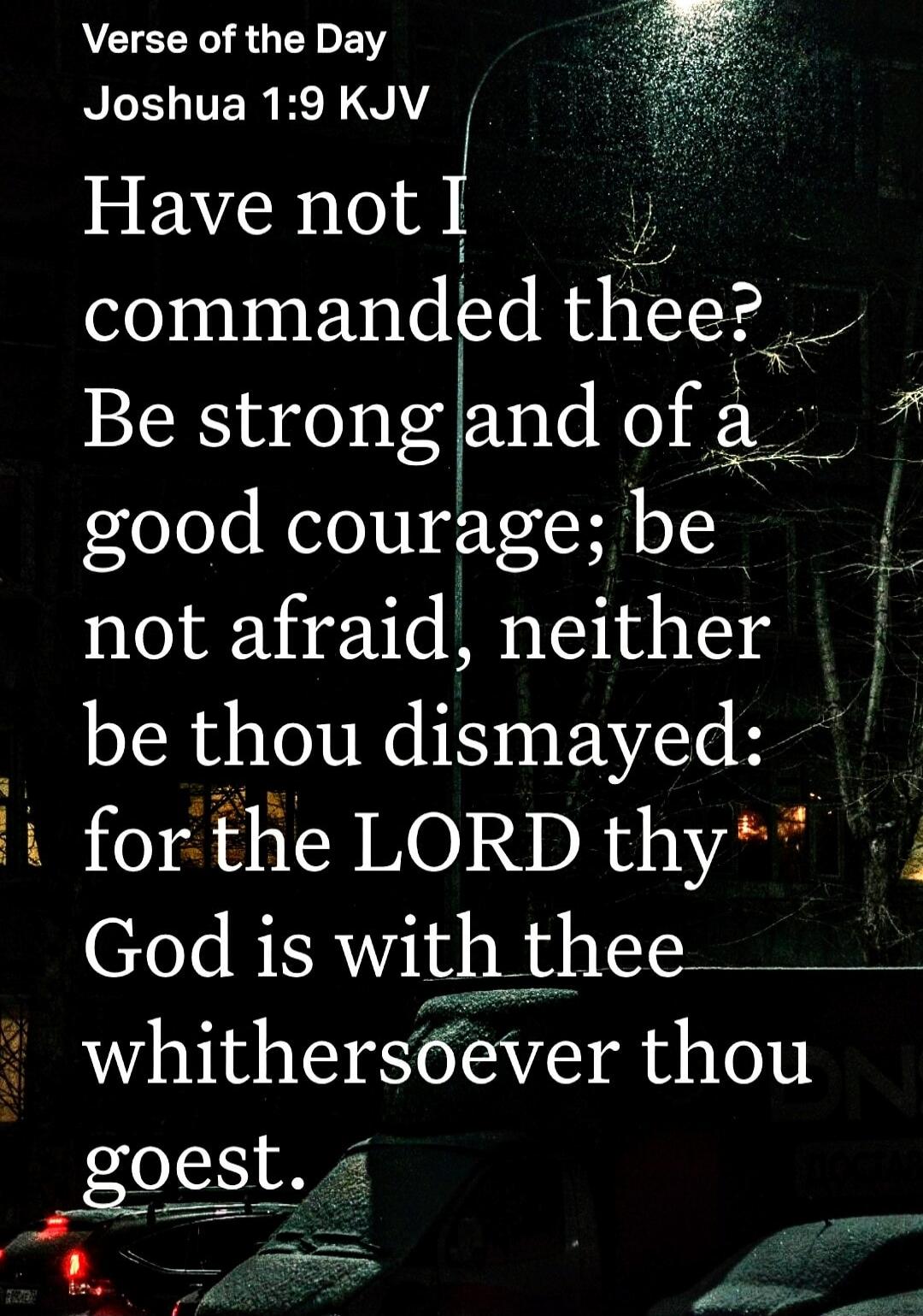 Verse of the Day
Joshua 1:9 KJV
Have not I commanded thee?
Be strong and of a
good courage; be
not afraid, neither
be thou dismayed:
for the LORD thy
God is with thee
whithersoever thou
goest.