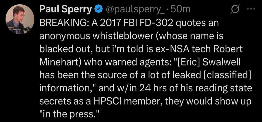 Paul Sperry @paulsperry_ · 50m BREAKING: A 2017 FBI FD-302 quotes an anonymous whistleblower (whose name is blacked out, but i'm told is ex-NSA tech Robert Minehart) who warned agents: 