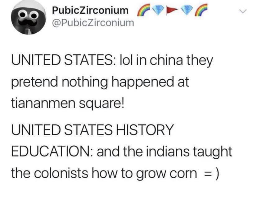 PubicZirconium 7 9 P PubicZirconium UNITED STATES lol in china they pretend nothing happened at tiananmen square UNITED STATES HISTORY EDUCATION and the indians taught the colonists how to grow corn