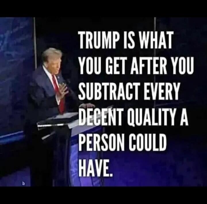 TRUMP IS WHAT YOU GET AFTER YOU SUBTRACT EVERY DECENT QUALITY A PERSON COULD HAVE.