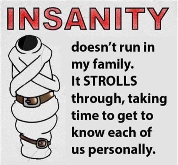 INSANITY doesn't run in my family. It STROLLS through, taking time to get to know each of us personally.