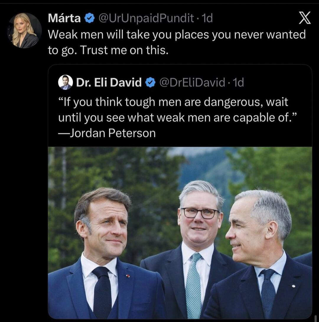 Márta @UrUnpaidPundit • 1d Weak men will take you places you never wanted to go. Trust me on this. Dr. Eli David @DrEliDavid • 1d 