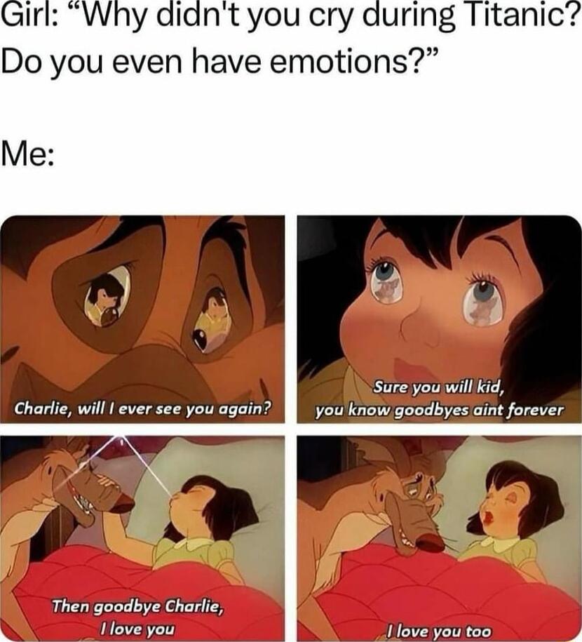 Girl Why aidnt you cry during Titanic Do you even have emotions Me J l Charlie will ever see you again D Thengoodbye Charlie o o