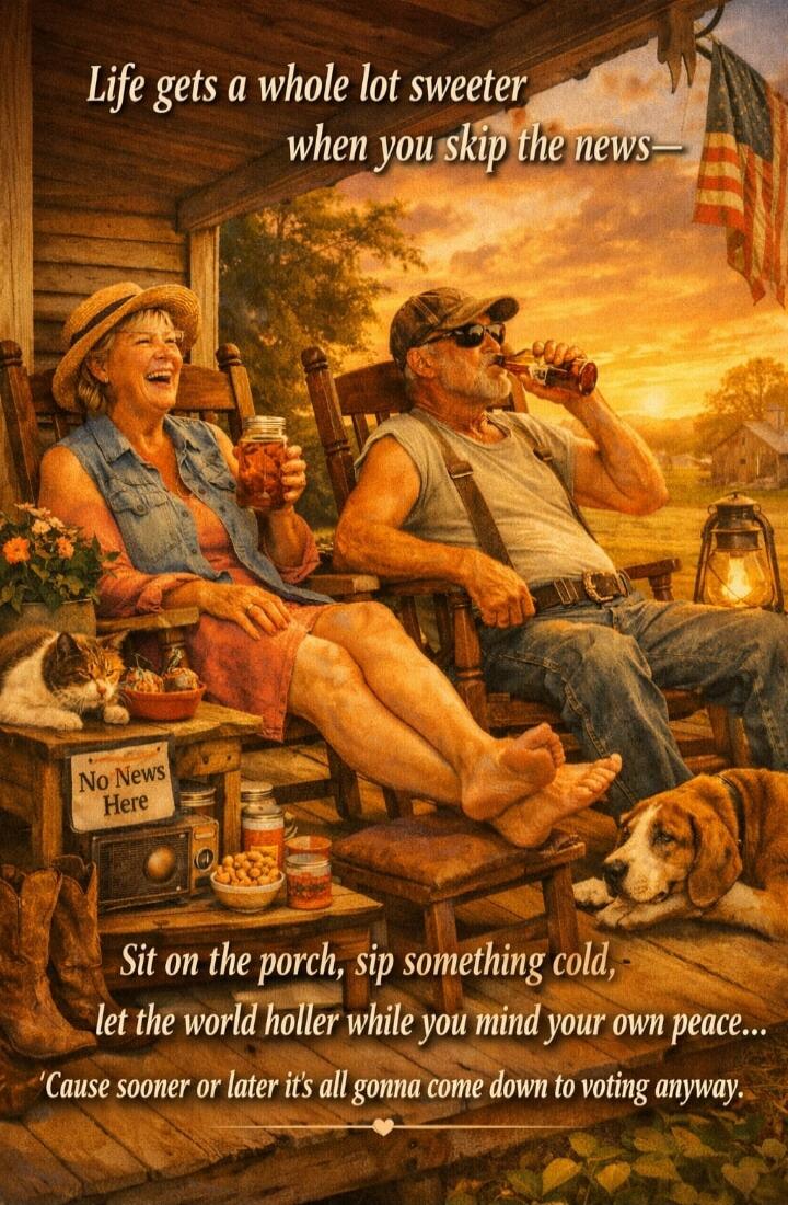 Life gets a whole lot sweeter when you skip the news— Sit on the porch, sip something cold, let the world holler while you mind your own peace... 'Cause sooner or later it's all gonna come down to voting anyway. No News Here