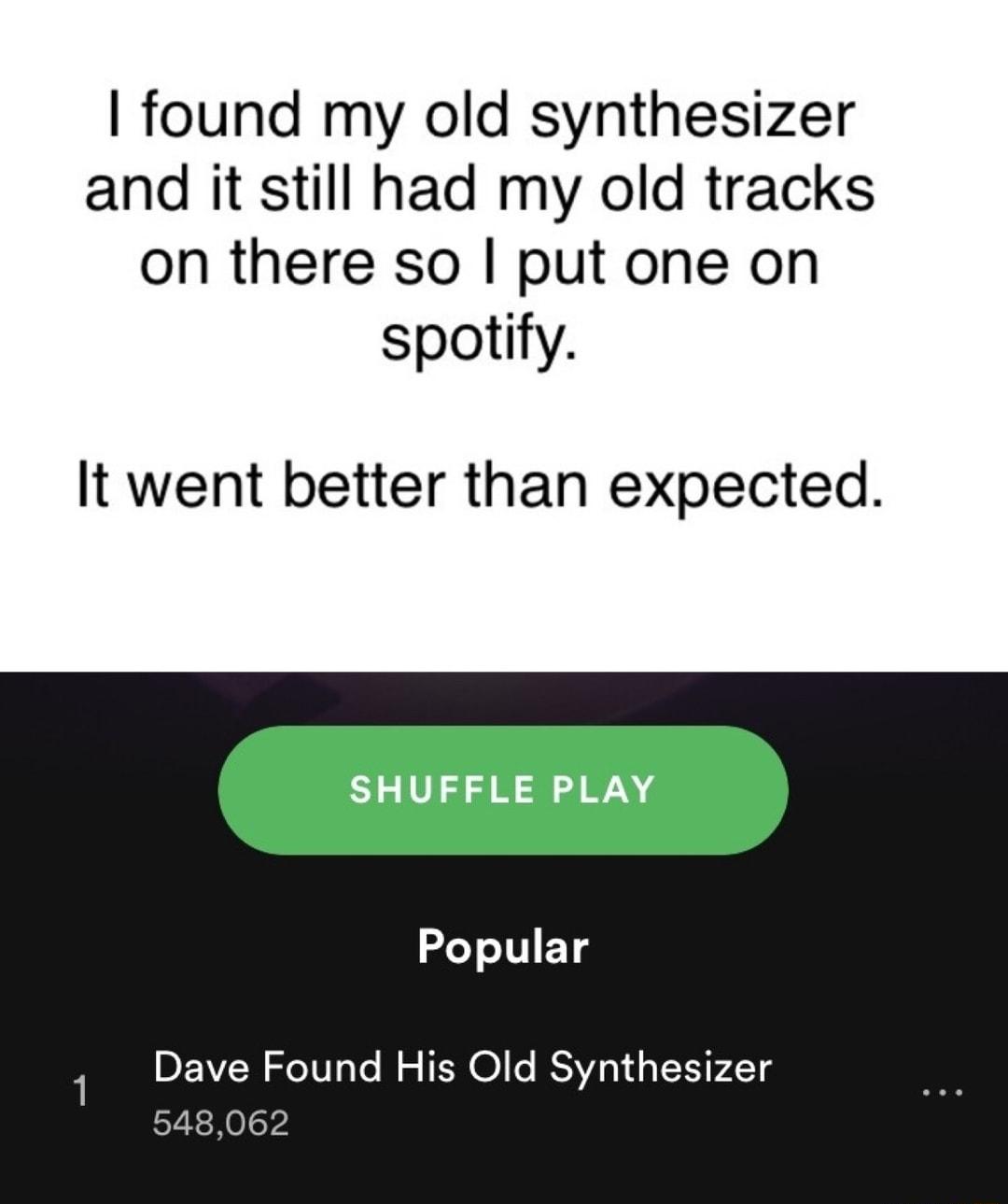 found my old synthesizer and it still had my old tracks on there so put one on spotify It went better than expected Popular 4 Dave Found His Old Synthesizer