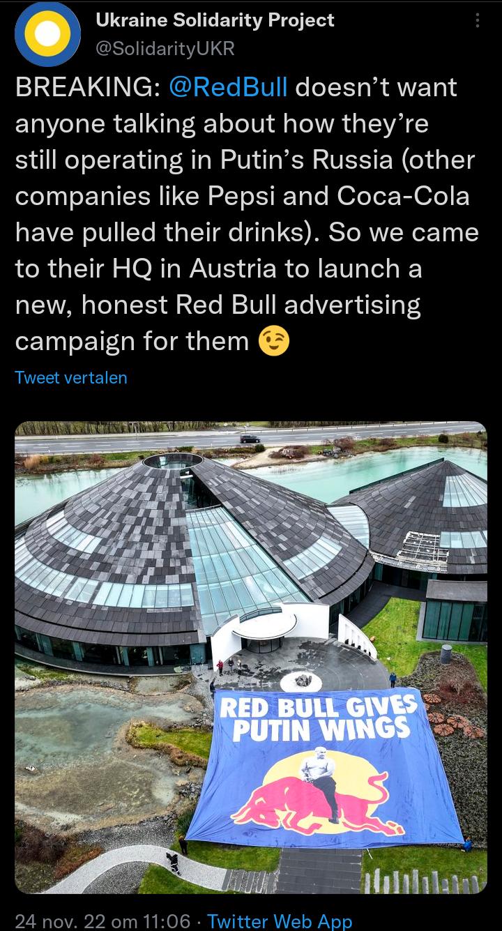 Ukraine Solidarity Project SolidarityUKR BREAKING RedBull doesnt want anyone talking about how theyre still operating in Putins Russia other companies like Pepsi and Coca Cola have pulled their drinks So we came LRI ORI R CHETV o i new honest Red Bull advertising campaign for them Tweet vertalen iy 24 nov 22 om 1106 Twitter Web App