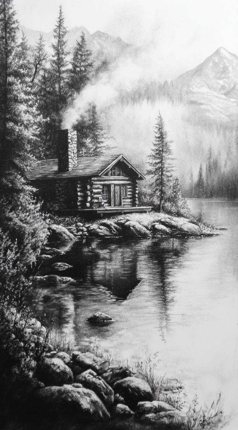 A black-and-white drawing of a small log cabin by a calm lake, surrounded by tall pine trees and mountains in the distance. Smoke rises from the chimney.