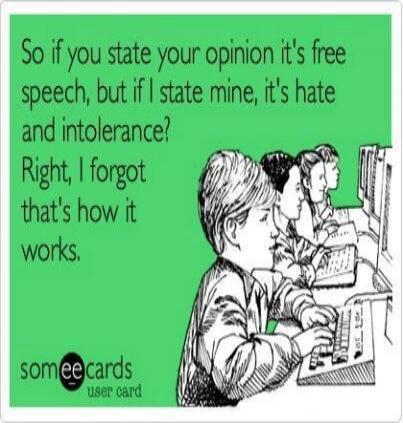 So if you state your opinion it's free speech, but if I state mine, it's hate and intolerance? Right, I forgot that's how it works. someecards user card