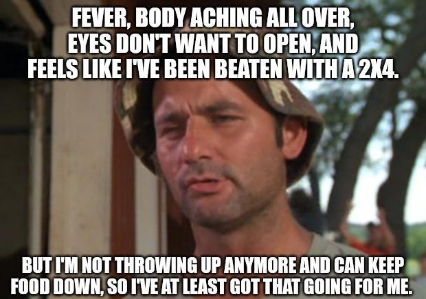 FEVER BODYACHING ALL OVER EYES DONT WANTT0 OPENAND FEELS LIKE IVE BEEN IIIATEN WIIHA Avh BUTIM NOT THROWING UP ANYMORE AND CAN KEEP FOOD DOWN SO IVE AT LEAST GOT THAT GOING FOR ME