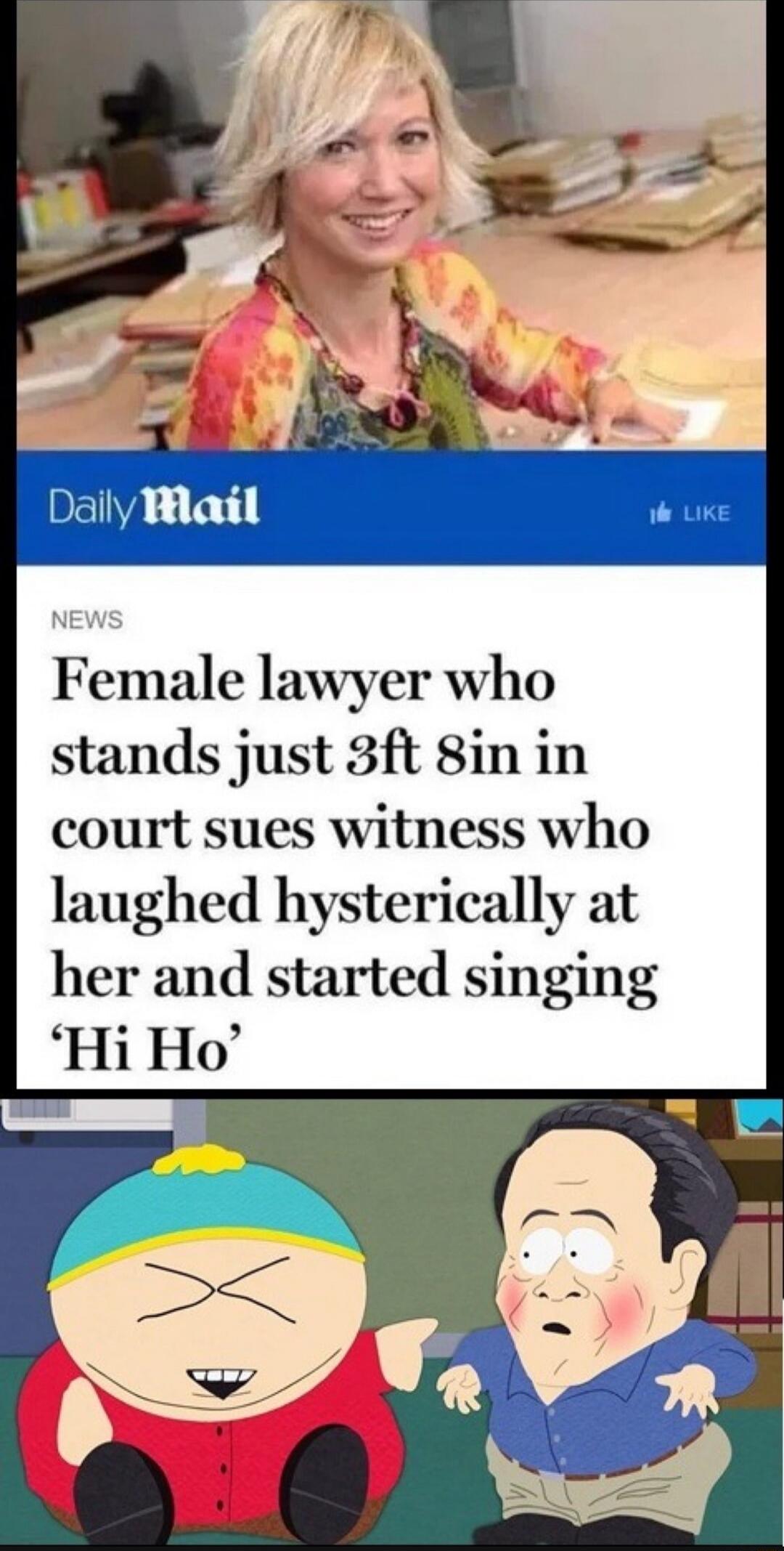 Daily Mail
NEWS
Female lawyer who stands just 3ft 8in in court sues witness who laughed hysterically at her and started singing ‘Hi Ho’