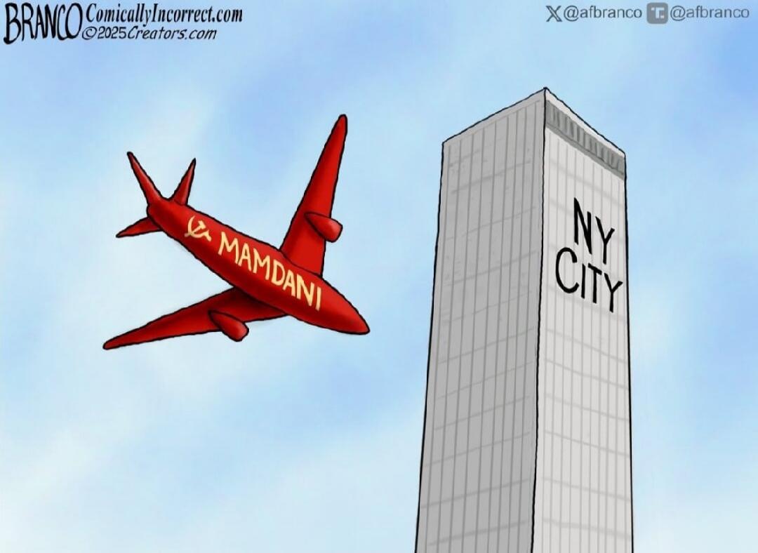 LA MAMDANI on the red airplane and NY CITY on the tall building.