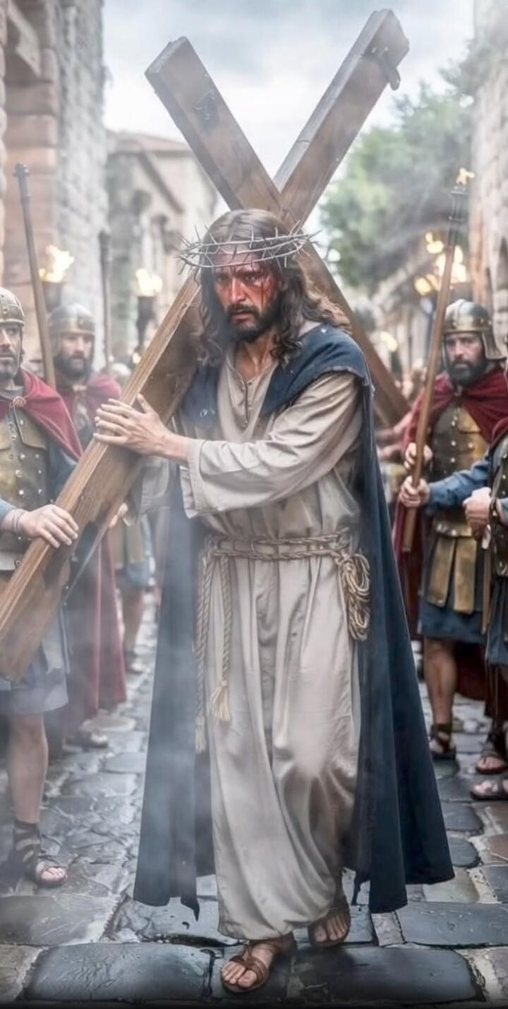 Jesus carrying a cross wearing a crown of thorns, surrounded by soldiers.