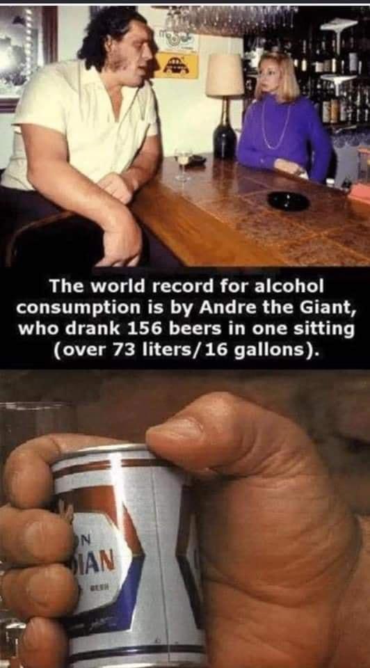 l The world record for alcohol consumption is by Andre the Giant who drank 156 beers in one sitting over 73 liters 16 gallons