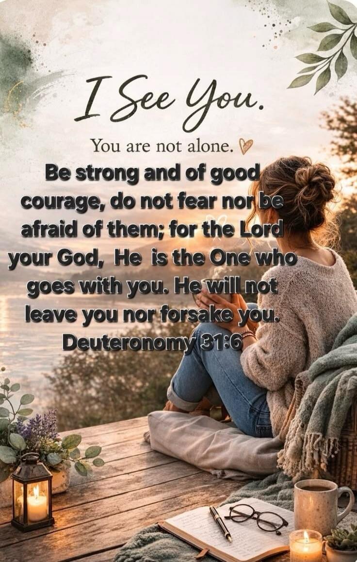 I See You. You are not alone. Be strong and of good courage, do not fear nor be afraid of them; for the Lord your God, He is the One who goes with you. He will not leave you nor forsake you. Deuteronomy 31:6